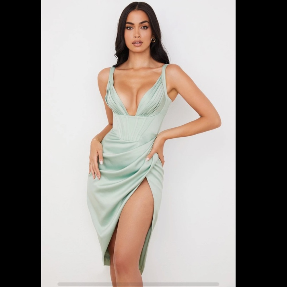 Pistachio satin corset midi dress.